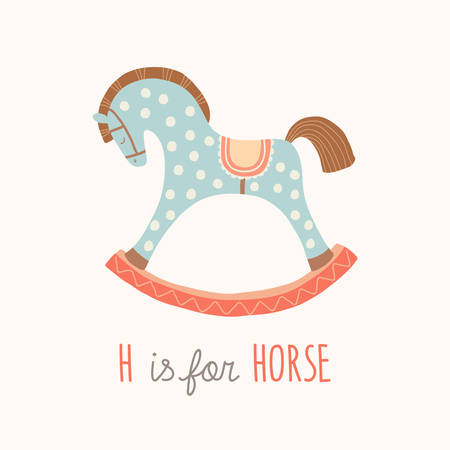 ABC Kids Wall Art. Toy Alphabet Card. Nursery alphabet poster wall art. Playroom decor. H is for Horse. Blue rocking horse. Cartoon vector clipart eps 10 illustration isolated on white backgroundのイラスト素材
