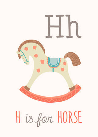 ABC Kids Wall Art. Toy Alphabet Card. Nursery alphabet poster wall art. Playroom decor. H is for Horse. Cute rocking horse. Cartoon vector clipart eps 10 illustration isolated on white backgroundのイラスト素材