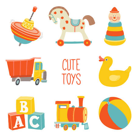 Kids First Toys icon set. Baby shower design element. Cartoon vector hand drawn eps 10 illustration isolated on white backgroundのイラスト素材