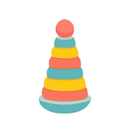 Colorful toy pyramid poster. Classic ring stacker with a fun design. Baby shower design element. Cartoon vector eps 10 illustration isolated on white background.のイラスト素材