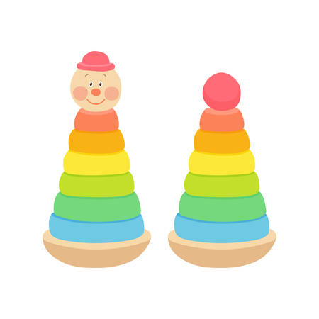 Colorful toy pyramids with clown heads in red funny hat. Cute toy clowns smiling.Classic ring stacker with a fun design. Cartoon vector eps 10 illustration isolated on white backgroundのイラスト素材