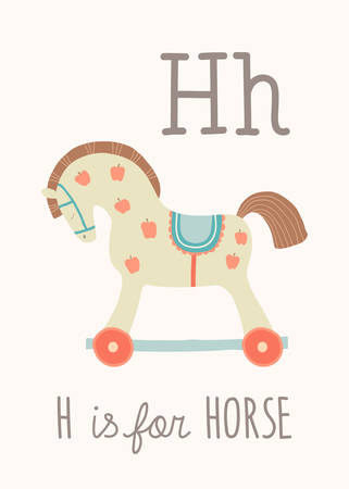 ABC Kids Wall Art. Toy Alphabet Card. Nursery alphabet poster wall art. Playroom decor. H is for Horse. Cute toy horse. Cartoon vector clipart eps 10 illustration isolated on white background.のイラスト素材