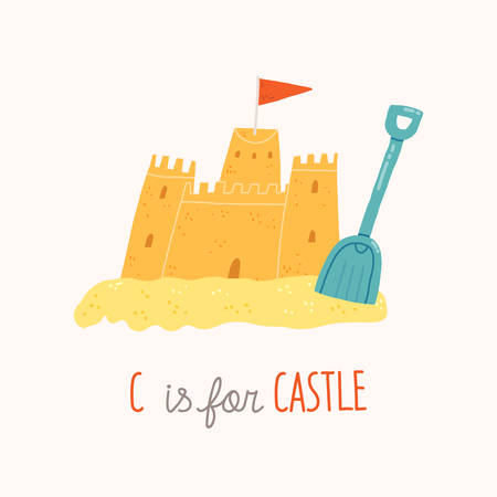 Cute sandcastle. C is for sand castle. ABC Kids Wall Art. Alphabet Card. Nursery alphabet poster. Playroom decor. Vector cartoon clipart eps 10 hand drawn illustration isolated on white background.のイラスト素材