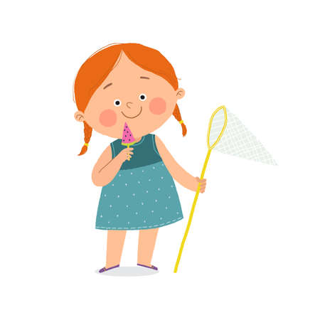 Cute little girl standing with a butterfly net and eating an ice cream. Cartoon vector hand drawn eps 10 illustration isolated on white in a flat style.のイラスト素材