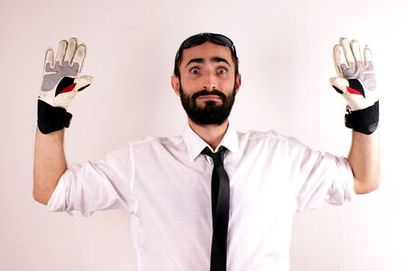 Businessman wearing sports glovesの写真素材