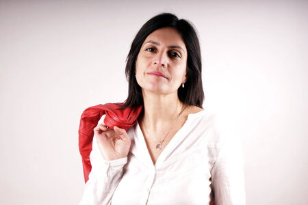 Woman with red leather jacketの写真素材