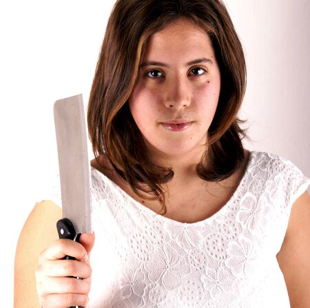 Girl with knifeの写真素材