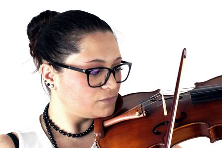 Elegant lady with violin on white backgroundの写真素材