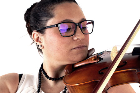 Elegant lady with violin on white backgroundの写真素材