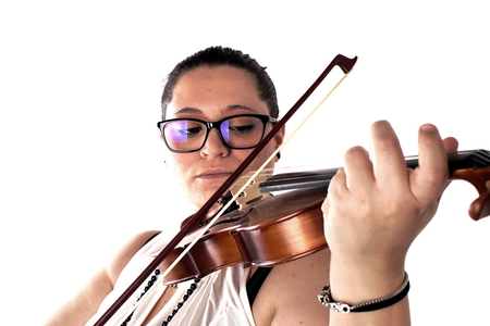 Elegant lady with violin on white backgroundの写真素材