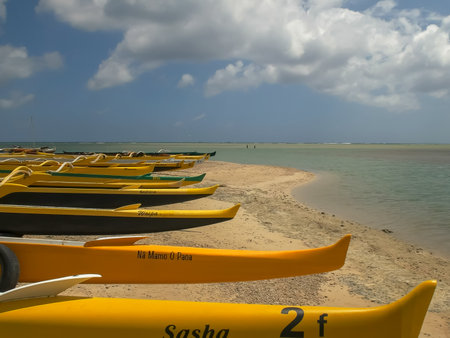 a close up view of a group of outrigger canoes on oahuのeditorial素材