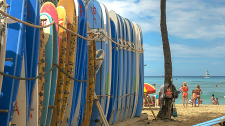 tourists and a number of rental surfboards at waikiki beach