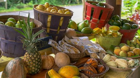 close up of fresh tropical fruit for sale at a roadside stand on the road to hanaの写真素材