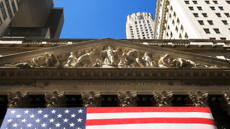 NEW YORK, NEW YORK, USA - SEPTEMBER 15, 2015: close up of the front exterior of the new york stock exchangeのeditorial素材