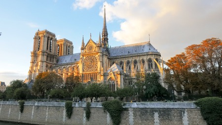 sunset view of the notre dame cathedral in paris