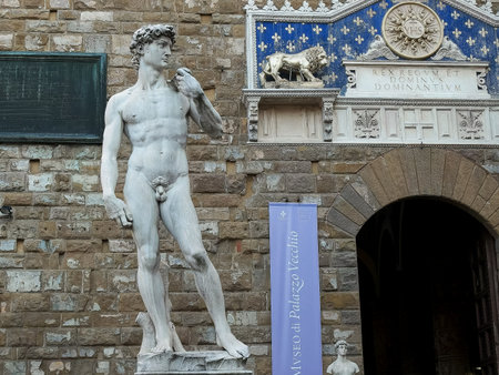 FLORENCE, ITALY- SEPTEMBER 27, 2015: front view of the statue of david replica, florenceのeditorial素材