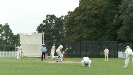 SYDNEY, AUSTRALIA - JANUARY 31, 2016: batsman plays a drive shot in a cricket gameのeditorial素材