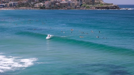 a surfer catches a wave at bondi beach, sydney