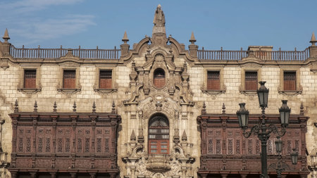 LIMA, PERU- JUNE, 12, 2016: close up of the archbishops palace in limaのeditorial素材