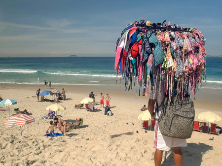 RIO DE JANEIRO, BRAZIL- 27, MAY, 2016: bikini seller at ipanema in rio de janeiroのeditorial素材