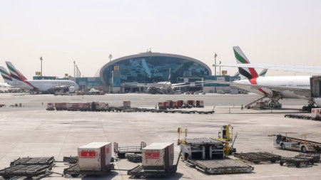 DUBAI, UNITED ARAB EMIRATES- AUGUST, 22, 2016: emirates airlines planes at dubai airport, uaeのeditorial素材