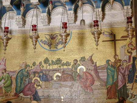 JERUSALEM, ISRAEL- SEPTEMBER, 20, 2016: close shot of a mosaic in the church of the holy sepulchre in jerusalemのeditorial素材