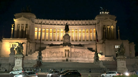 front view of  romes victor emmanuel ii monument at nightのeditorial素材