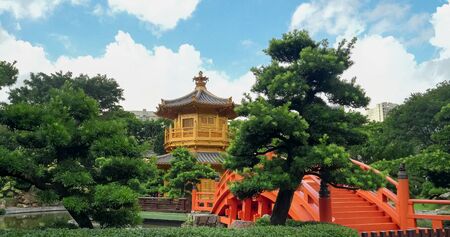 looking towards the bridge and pavilion in nan lian gardens