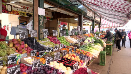 VIENNA, AUSTRIA-OCTOBER, 9, 2017: fresh produce at market stalls at naschtmarkt in viennaのeditorial素材