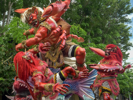 KUTA, INDONESIA - MARCH, 16, 2018: close up of villagers moving an ogoh-ogoh statue for the new year parade at kutaのeditorial素材