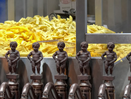 AMSTERDAM, NETHERLANDS-OCTOBER, 12, 2017: sauce dispensers and dutch fried potato chips in amsterdamのeditorial素材