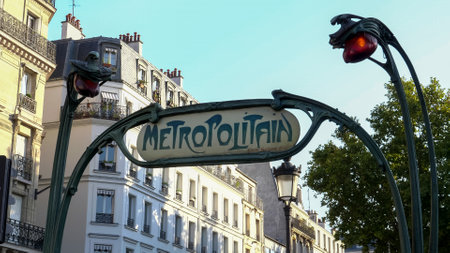 PARIS, FRANCE - OCTOBER, 15, 2017: close view of a metropolitan sign to a paris subway stationのeditorial素材
