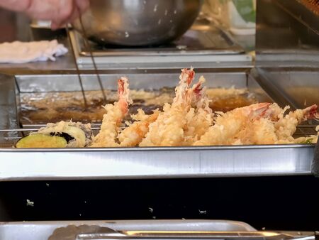 close up of tempura prawns and vegetables at kawaguchiko in japanの写真素材