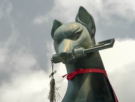 KYOTO, JAPAN - APRIL, 16, 2018 extreme close up of a fox statue at fushimi inari shrine in kyoto, japanのeditorial素材