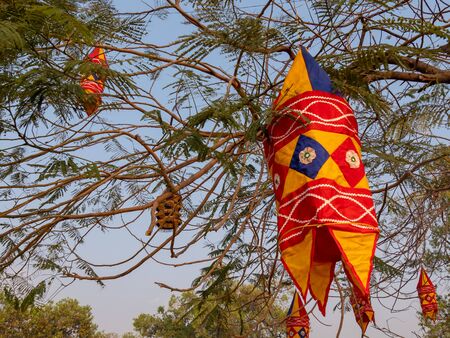colorful lanterns hanging in trees at india gate in new delhiの写真素材