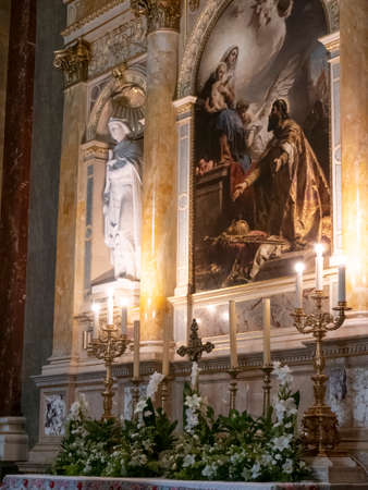 BUDAPEST, HUNGARY- MAY, 26, 2019: painting of st stephen presenting his crown to the virgin mary in st stephens basilica of budapestのeditorial素材