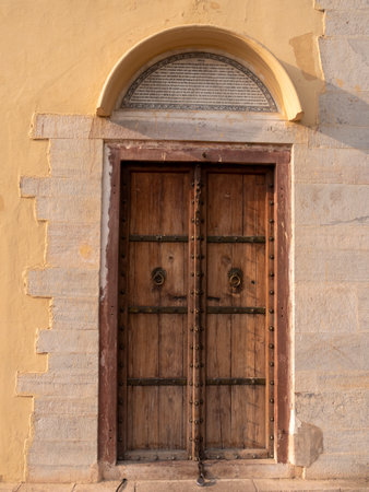 JAIPUR, INDIA - MARCH 21, 2019: close up of wooden door of samrat yantra, the worlds largest sundial at jantar matarのeditorial素材