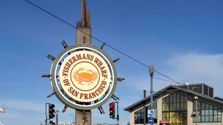 SAN FRANCISCO, CA, USA- FEBRUARY, 17, 2020: close up of the fishermans wharf signのeditorial素材