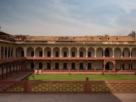 AGRA, INDIA - MARCH, 28, 2019: the exterior of a palace building and central courtyard at red fortのeditorial素材