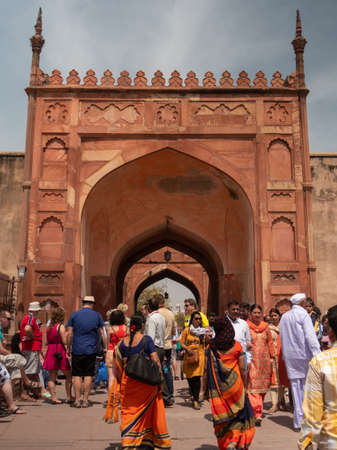 AGRA, INDIA - MARCH, 28, 2019: exterior shot of an entrance gate with tourists at red fortのeditorial素材