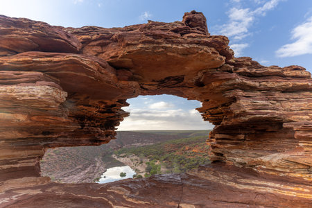 a wide shot of natures window at sunrise in kalbarri national park