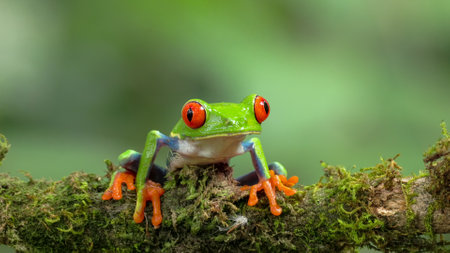 close front view of a red-eyed tree frog facing right on a branchの写真素材