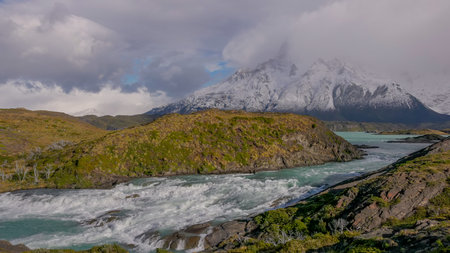 a waterfall on the paine river near salto grande at torres del paine national park in patagonia, chileの写真素材