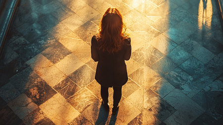 A woman stands in a dramatic setting with golden light reflections, her silhouette creating a moody and cinematic artistic scene.の素材