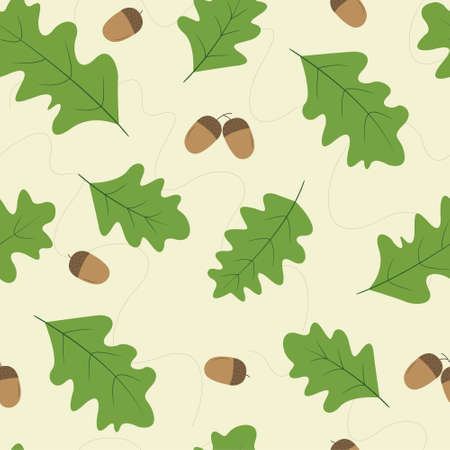 colorful autumn seamless pattern with bright green oak leaves and acorns scattered on light cream backgroundのイラスト素材