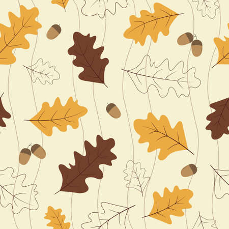 colorful fall seamless pattern with bright brown and yellow oak leaves and acorns scattered on light cream backgroundのイラスト素材