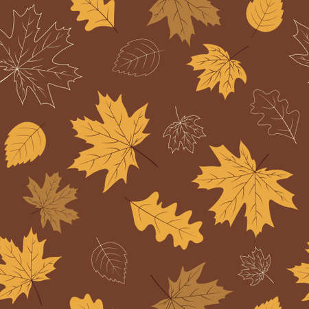 colorful fall seamless pattern with bright yellow maple, oak and birch leaves scattered on brown backgroundのイラスト素材