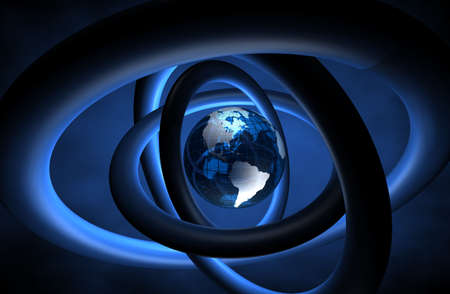 Planet earth surrounded with blue rings.