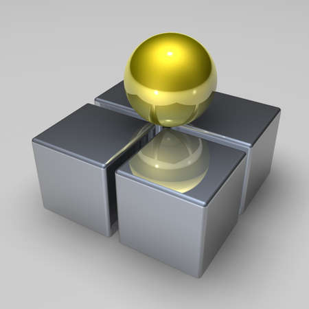 Abstract 3d shapes, silver cubes and golden ballの写真素材