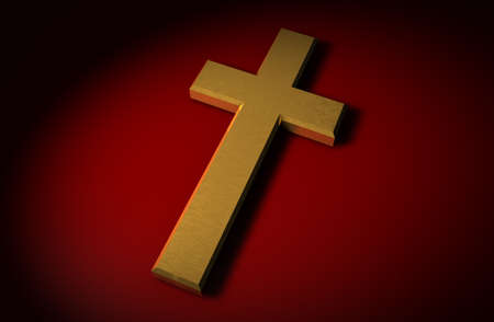 Golden 3d christian cross on a red backgroundの写真素材